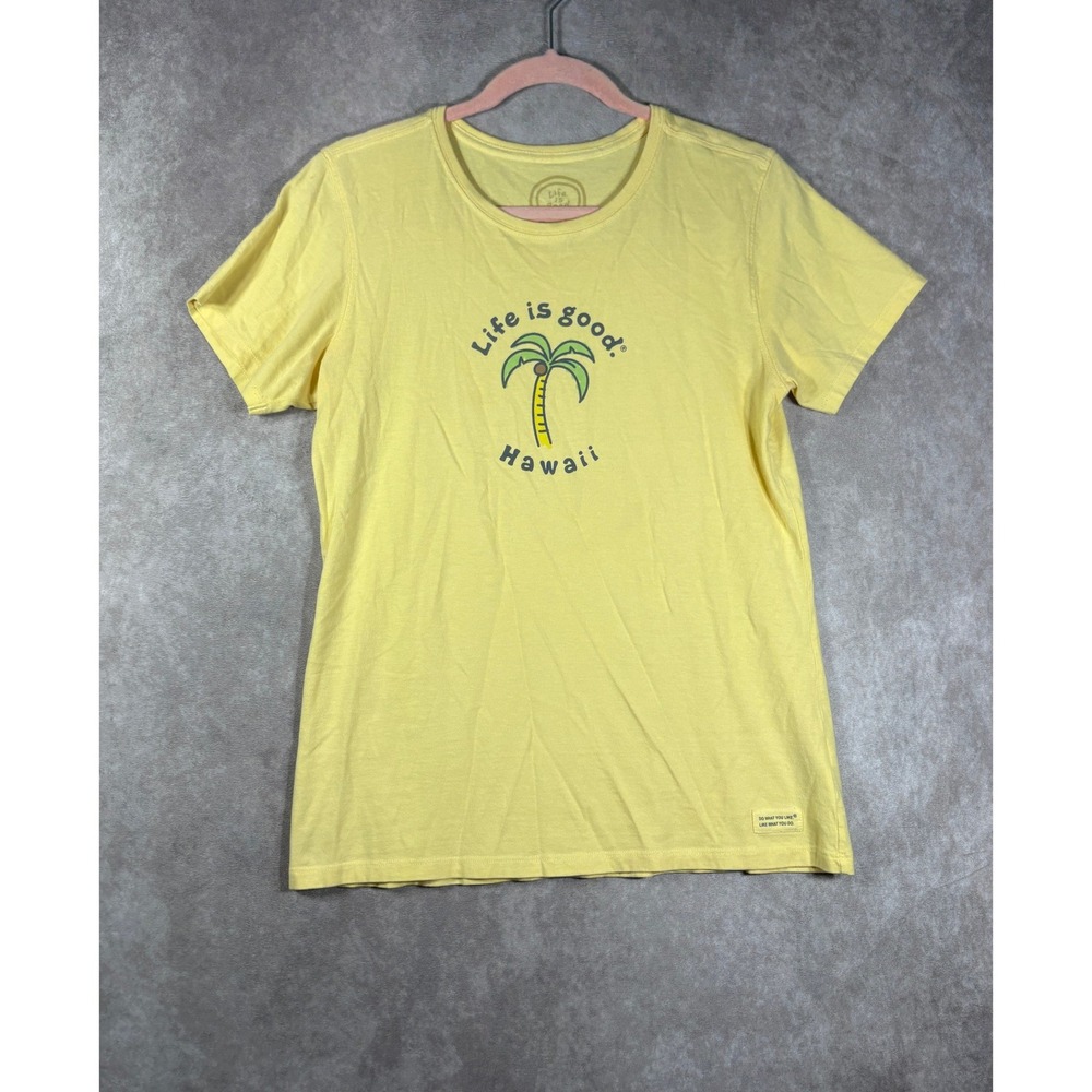 Life Is Good T Shirt Womens Medium Yellow Hawaii Palm Tree Classic Graphic Tee